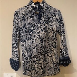 Women's Paisley Button Down Shirt - Navy and White Perfect for Cow Horse Shows